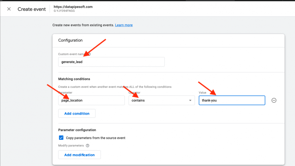 how to create new conversion lead for thank you page in google analytics 4