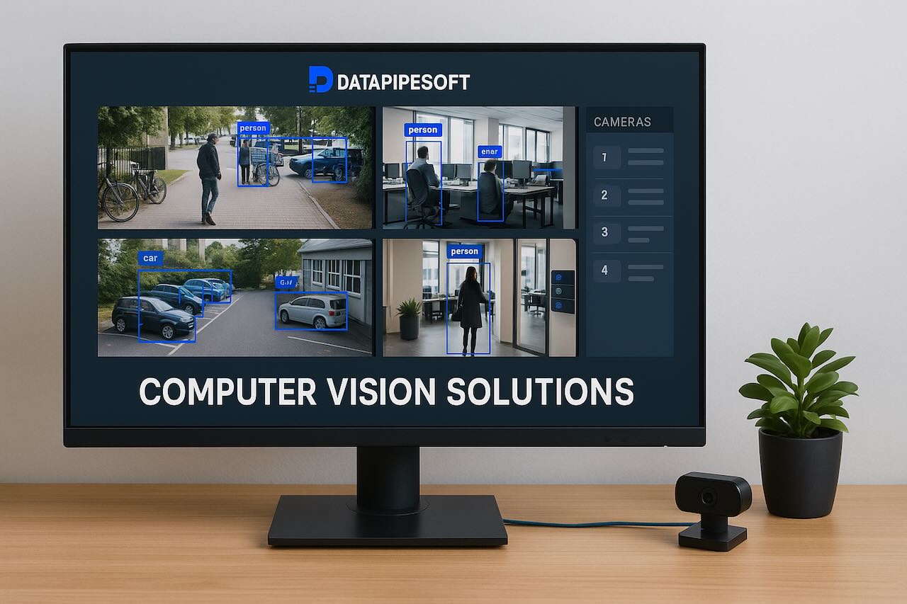 Computer monitor showing multi-camera object detection dashboard by Datapipesoft.