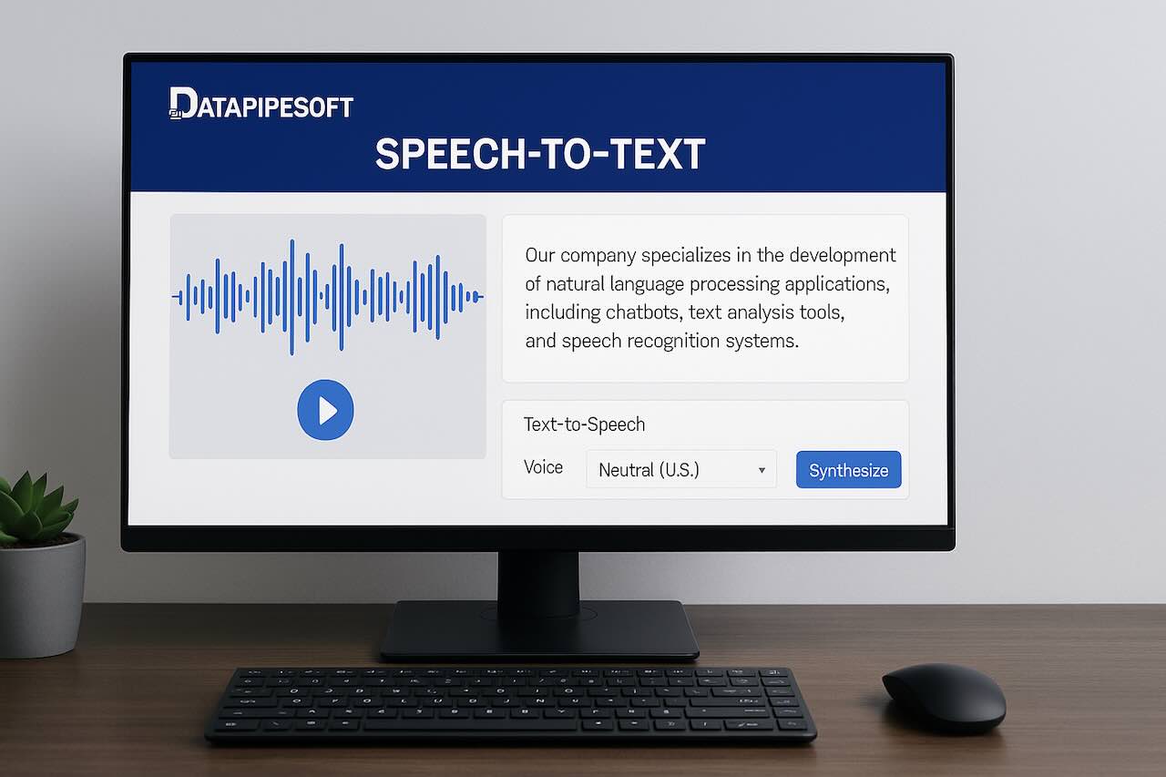 Datapipesoft speech-to-text interface with waveform and transcribed text on monitor.