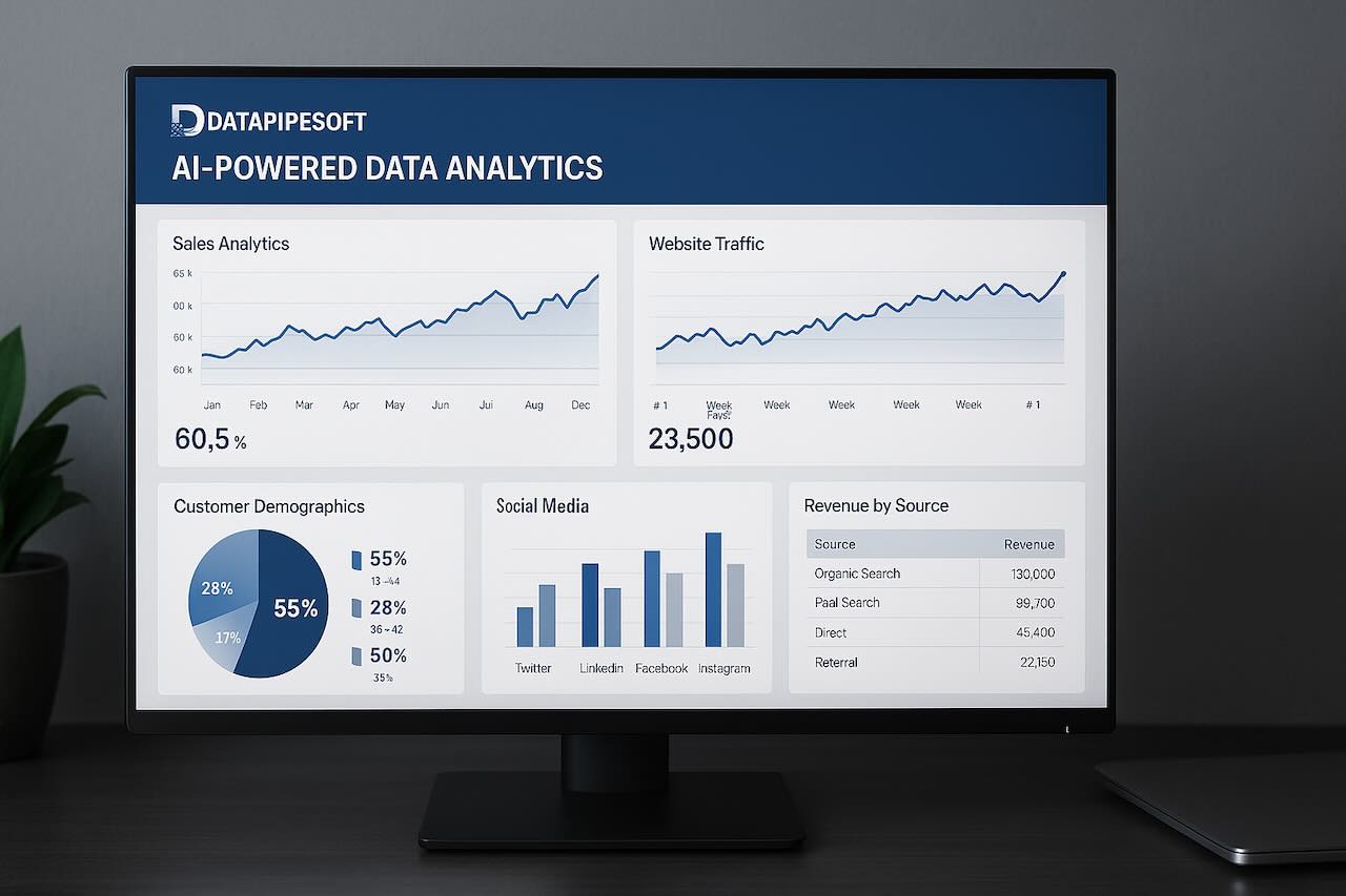 Datapipesoft analytics dashboard showing sales, traffic, demographics, and social media data.