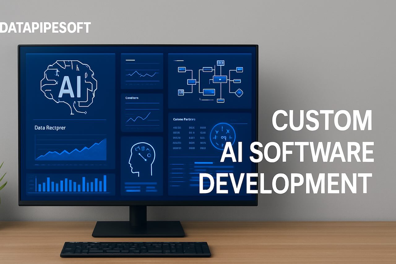 Computer monitor with AI dashboard and Datapipesoft branding for custom AI software development.