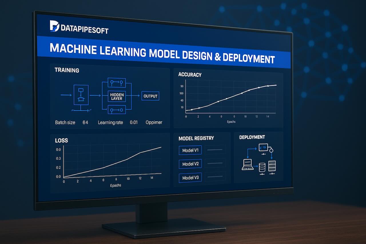 Widescreen monitor displaying machine learning dashboards with training flow, accuracy and loss charts, model registry, and deployment panel, branded with Datapipesoft.