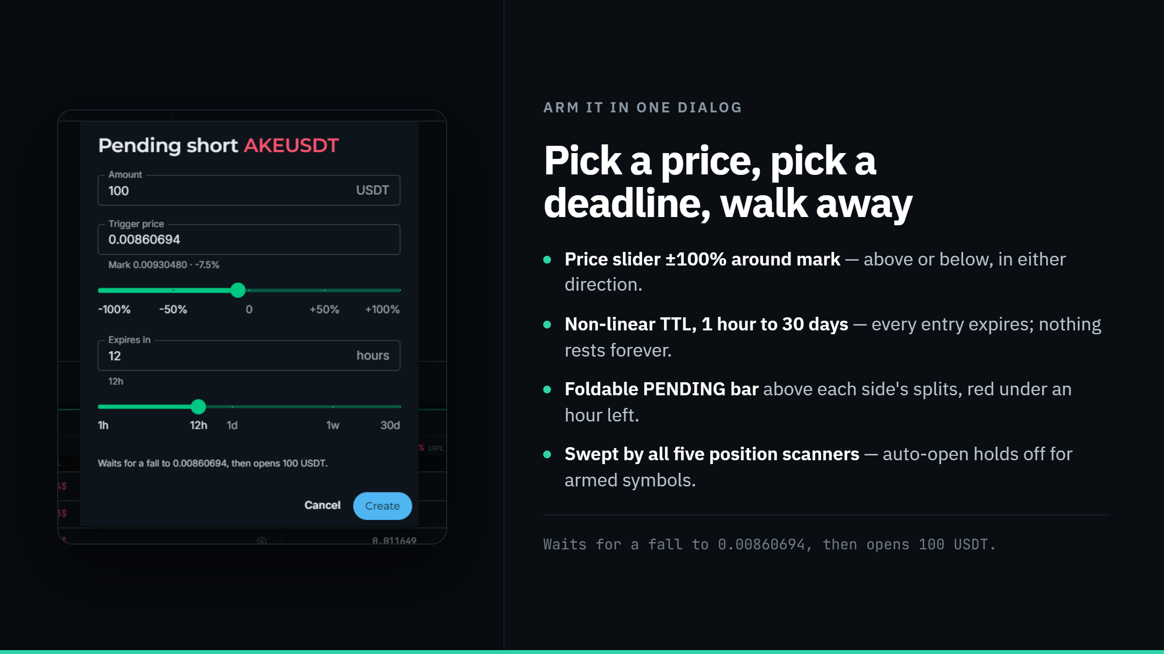 Armed pending entries listed above the splits for one side of a position in CryptoOracle