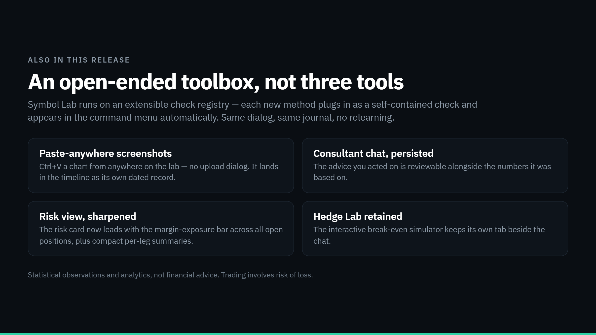 Symbol Lab: the chat feed with slash-command checks and the command menu