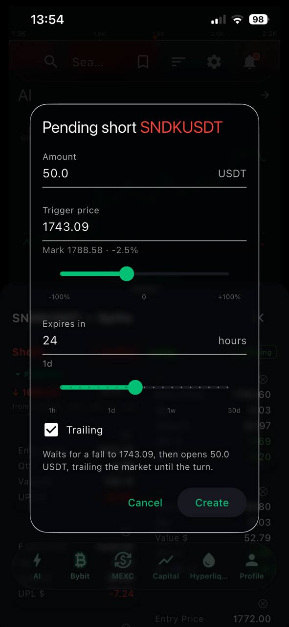 Price chart with open positions overlaid